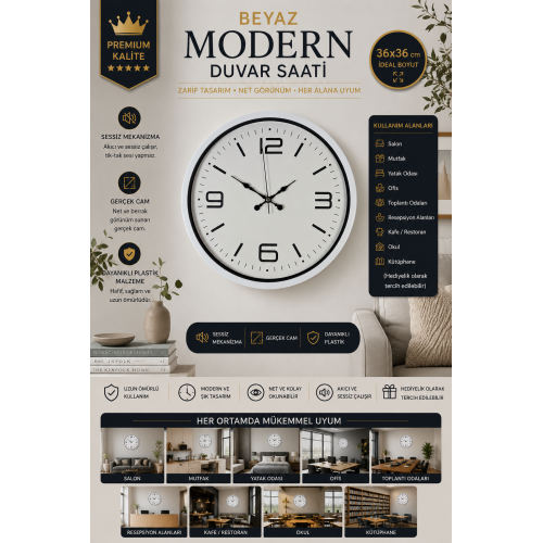 36 cm Beyaz Modern Dekoratif Duvar Saati