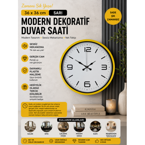 36 cm Sarı Modern Dekoratif Duvar Saati