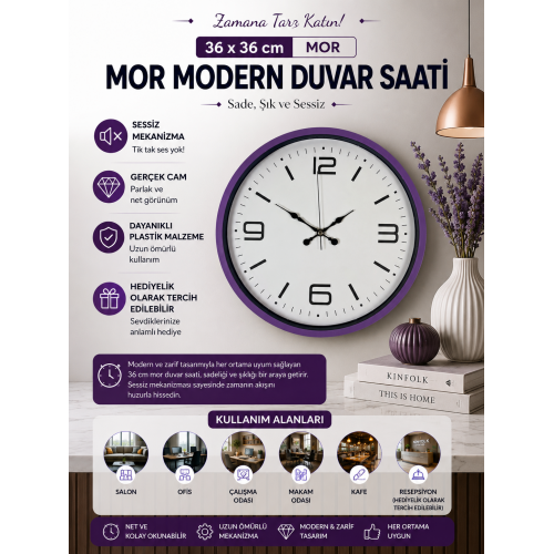 36 cm Mor Dekoratif Duvar Saati (PP-3608Z)
