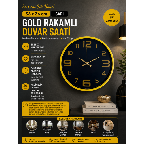 36 cm Sarı Gold Rakamlı Duvar Saati
