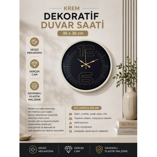 36 cm Krem Dekoratif Duvar Saati – Altın Roma Rakamlı Siyah Kadran