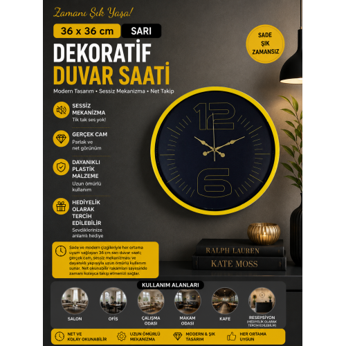 36 cm Sarı Dekoratif Duvar Saati – Kalın İndeksli Lacivert Kadran