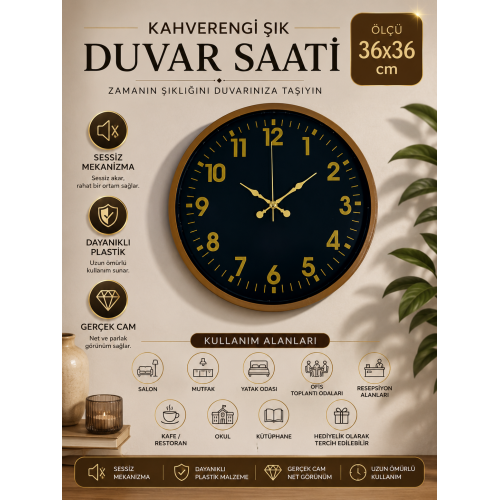 36 cm Kahverengi Gold Rakamlı Duvar Saati – Şık Altın Rakamlı