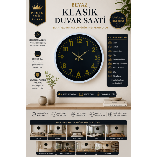 36 cm Beyaz Klasik Duvar Saati