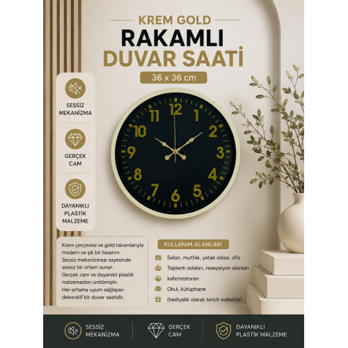36 cm Krem Gold Rakamlı Duvar Saati – Gold Rakamlı Siyah Kadran