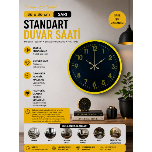 36 cm Sarı Standart Duvar Saati – Standart Altın Rakamlı