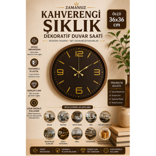 36 cm Kahverengi Dekoratif Duvar Saati – Şıklık Kahve Kadran