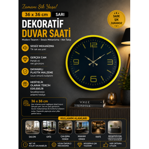 36 cm Sarı Dekoratif Duvar Saati – Çizgi İndeksli Koyu Kadran