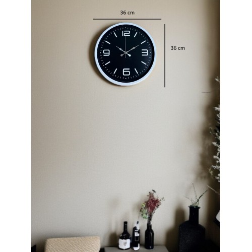 36 cm Modern Dekoratif Duvar Saati – Modern Beyaz Rakamlı Siyah Kadran (PP-3645W)