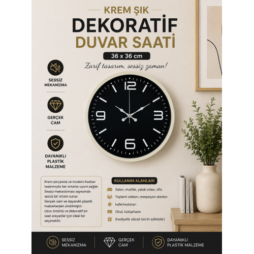 36 cm Krem Şık Dekoratif Duvar Saati