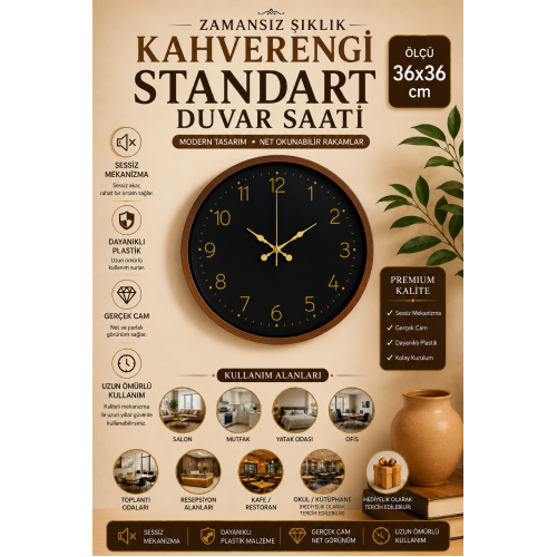 36 cm Kahverengi Standart Duvar Saati