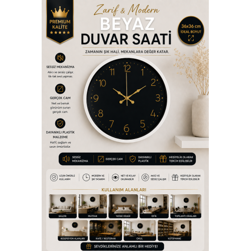 36 cm Beyaz Zarif Duvar Saati