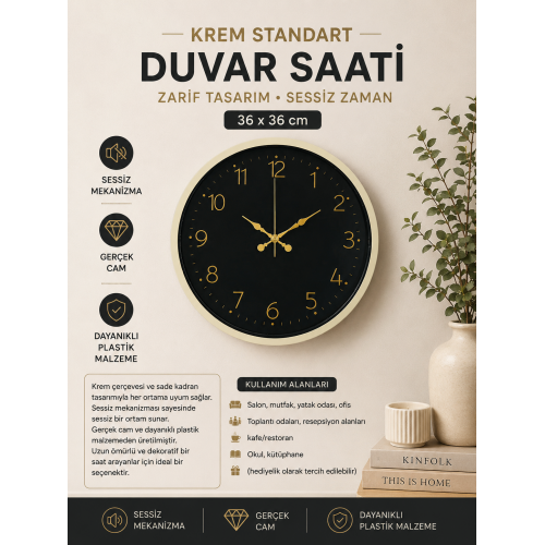 36 cm Krem Standart Duvar Saati