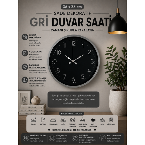 36 cm Sade Dekoratif Duvar Saati – Sade Siyah Kadran