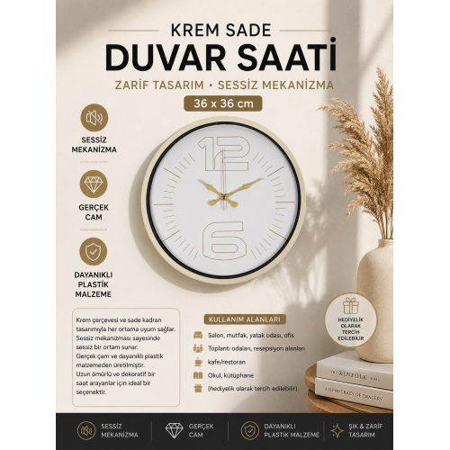 36 cm Sade Dekoratif Duvar Saati – Sade Altın İndeksli