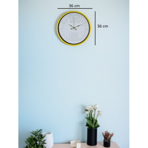 36 cm Sarı Dekoratif Duvar Saati – Çizgi İndeksli Beyaz Kadran