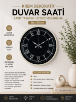 36 cm Krem Dekoratif Duvar Saati – Roma Rakamlı Siyah Kadran