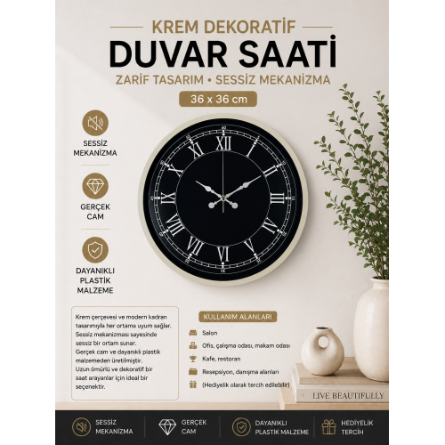 36 cm Krem Dekoratif Duvar Saati – Roma Rakamlı Siyah Kadran