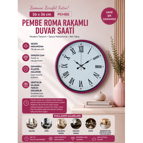 36 cm Pembe Roma Rakamlı Duvar Saati – Roma Rakamlı (PP-3654P)
