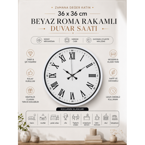 36 cm Beyaz Dekoratif Duvar Saati – Roma Rakamlı Beyaz Kadran