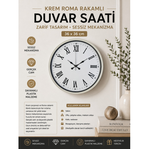 36 cm Krem Roma Rakamlı Duvar Saati – Roma Rakamlı Beyaz Kadran