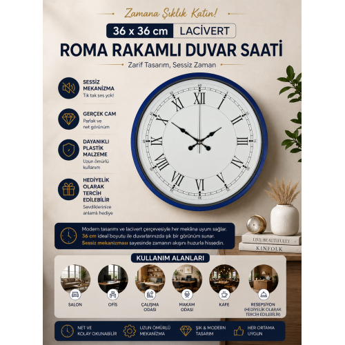 36 cm Lacivert Roma Rakamlı Duvar Saati (PP-3655V)
