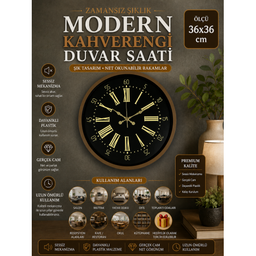 36 cm Modern Kahverengi Duvar Saati