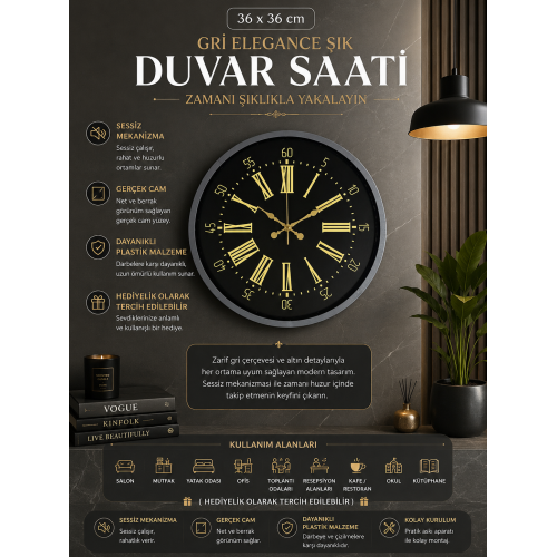 36 cm Gri Şık Dekoratif Duvar Saati