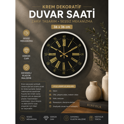 36 cm Krem Dekoratif Duvar Saati – Çizgi İndeksli Siyah Kadran