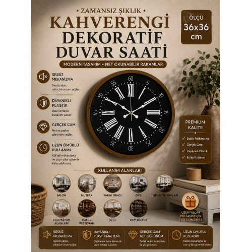 36 cm Kahverengi Dekoratif Duvar Saati – Çizgi İndeksli Siyah Kadran