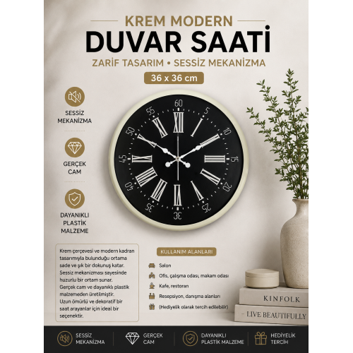 36 cm Krem Modern Duvar Saati