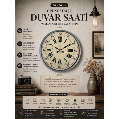 36 cm Nostalji Gri Dekoratif Duvar Saati