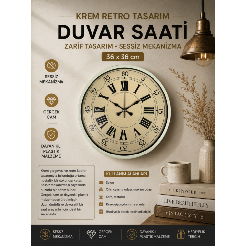 36 cm Krem Retro Tasarım Duvar Saati