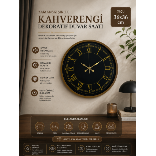 36 cm Kahverengi Gold Roma Rakamlı Duvar Saati