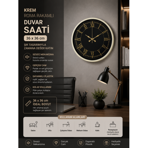36 cm Krem Roma Rakamlı Duvar Saati – Altın Roma Rakamlı Siyah Kadran