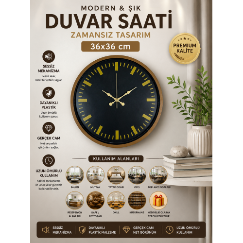 36 cm Kahverengi Modern Duvar Saati – Modern Altın İndeksli