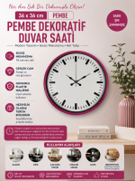 36 cm Pembe Dekoratif Duvar Saati – İnce Rakamlı Beyaz Kadran