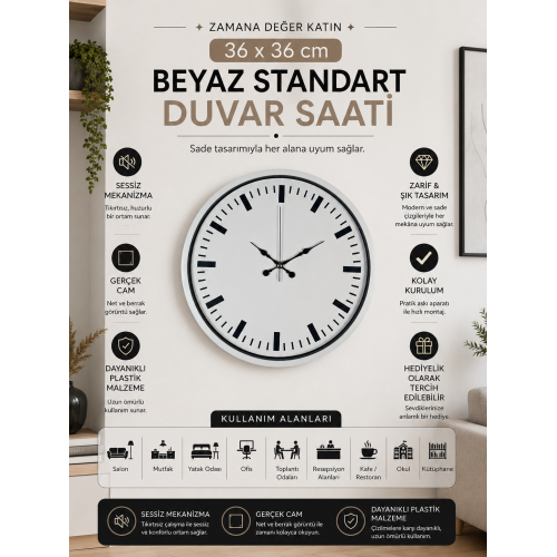 36 cm Beyaz Standart Duvar Saati