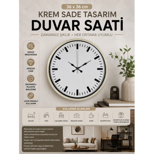 36 cm Sade Dekoratif Duvar Saati – Sade Tasarım Beyaz Kadran