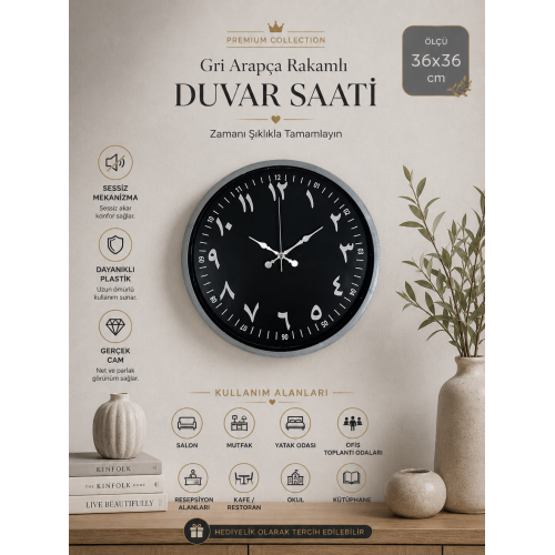 36 cm Gri Arapça Rakamlı Duvar Saati