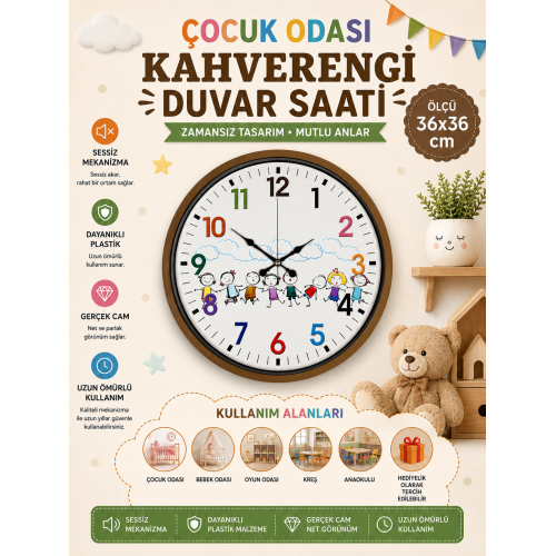 36 cm Kahverengi Çocuk Odası Duvar Saati – Çocuk Odası Renkli Rakamlı (PP-3693I)