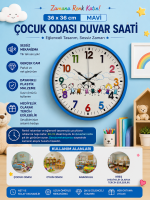 36 cm Mavi Çocuk Odası Duvar Saati – Çocuk Odası Renkli Rakamlı (PP-3693M)