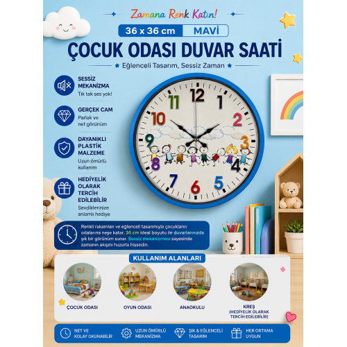 36 cm Mavi Çocuk Odası Duvar Saati – Çocuk Odası Renkli Rakamlı (PP-3693M)