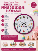 36 cm Pembe Çocuk Odası Duvar Saati – Çocuk Odası Renkli Rakamlı (PP-3693P)