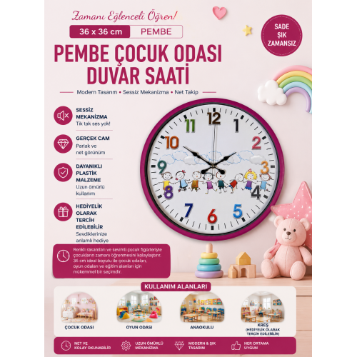36 cm Pembe Çocuk Odası Duvar Saati – Çocuk Odası Renkli Rakamlı (PP-3693P)