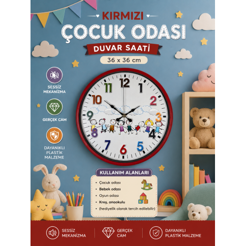 36 cm Kırmızı Çocuk Odası Duvar Saati – Çocuk Odası Renkli Rakamlı (PP-3693R)