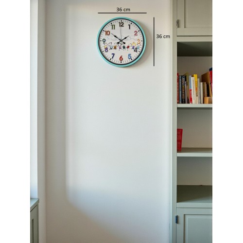 36 cm Turkuaz Çocuk Odası Duvar Saati – Çocuk Odası Renkli Rakamlı (PP-3693T)