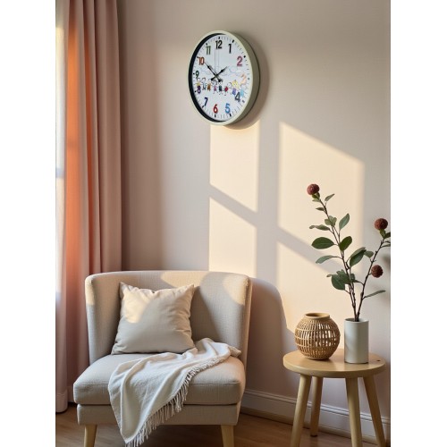 36 cm Krem Çocuk Odası Duvar Saati – Çocuk Odası Renkli Rakamlı (PP-3693X)
