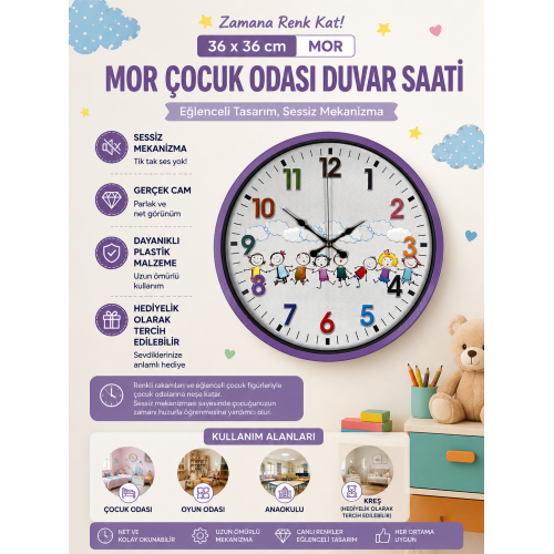36 cm Mor Çocuk Odası Duvar Saati – Çocuk Odası Renkli Rakamlı (PP-3693Z)