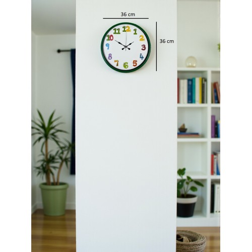 36 cm Yeşil Çocuk Odası Duvar Saati – Çocuk Odası Renkli Rakamlı (PP-3694L)
